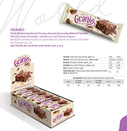 Granio Sütlü Çikolata Kaplamalı Tiramisu Aromalı Karamelize Bisküvili Tahıl Bar 40 gr X 24 Adet