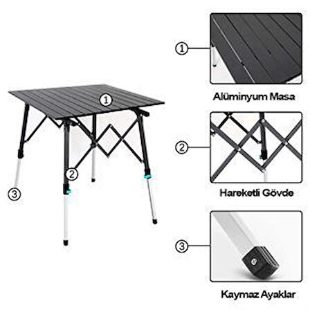 MADFOX YÜKSEKLİĞİ AYARLANABİLİR KATLANIR KAMP MASASI BÜYÜK BOY SİYAH RENK