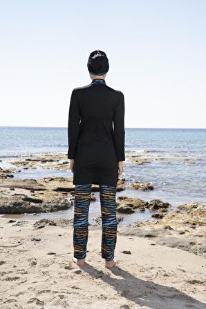 Estiva Kadın Boneli Pantolonu Dijital Desenli Siyah Tesettür Mayo