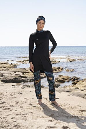 Estiva Kadın Boneli Pantolonu Dijital Desenli Siyah Tesettür Mayo