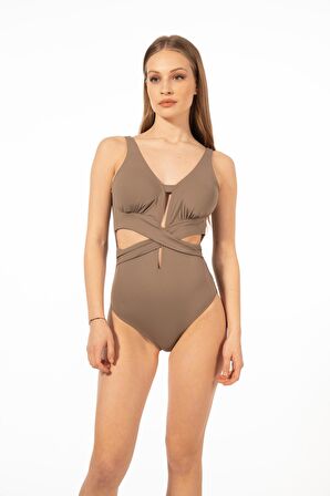 Estiva Kadın Cut Out Detaylı Çapraz Mayo - Kahverengi