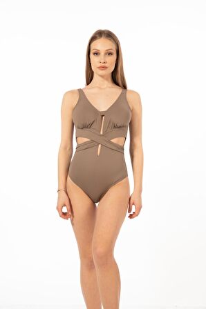 Estiva Kadın Cut Out Detaylı Çapraz Mayo - Kahverengi