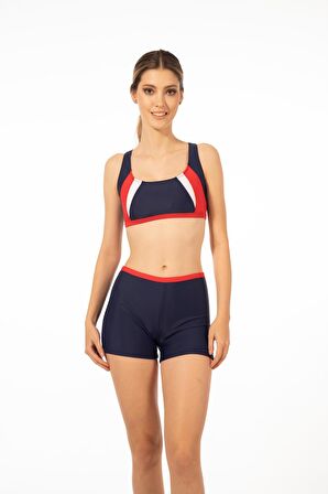 Estiva Kadın Şortlu Yüzücü Bikini Takımı - Kırmızı Lacivert