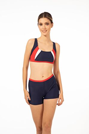 Estiva Kadın Şortlu Yüzücü Bikini Takımı - Kırmızı Lacivert