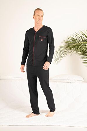 Erkek Kışlık Önden Düğmeli Cepli Penye Pijama Takımı