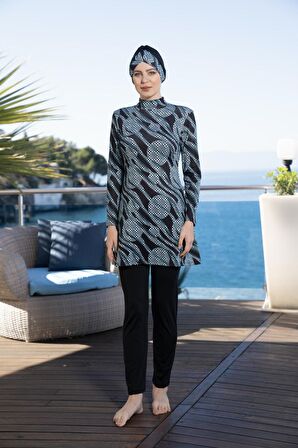 Estiva Kadın Tam Kapalı Bubble Desenli Tesettür Mayo Siyah