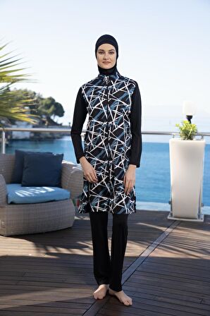 Estiva Kadın Tam Kapalı Fermuarlı Dijital Desenli Tesettür Mayo Siyah