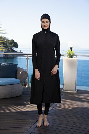 Estiva Kadın Tam Kapalı Uzun Fermuarlı Düz Tesettür Mayo