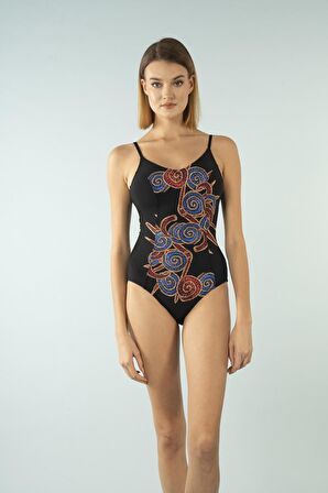 Estiva Desenli İnce Askılı V Yaka Mayo - Siyah