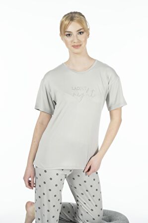 Estiva Kadın Puantiyeli Soft Kumaş Yazlık Pijama Takımı - Gri