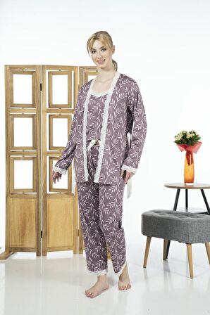 Estiva Kadın 3 Parça Sabahlıklı Desenli Likra Viskon Pijama Takımı - Mor