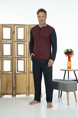 Estiva Erkek Üstten Düğmeli Uzun Kollu Yazlık Penye Pijama Takımı