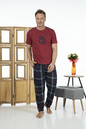 Estiva Erkek Kısa Kollu Kareli Yazlık Penye Pijama Takımı