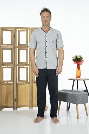 Estiva Erkek Önden Düğmeli Kısa Kollu Cepli Yazlık Penye Pijama Takımı
