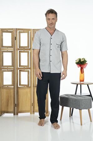 Estiva Erkek Önden Düğmeli Kısa Kollu Cepli Yazlık Penye Pijama Takımı