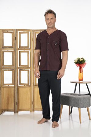 Estiva Erkek Önden Düğmeli Kısa Kollu Cepli Yazlık Penye Pijama Takımı