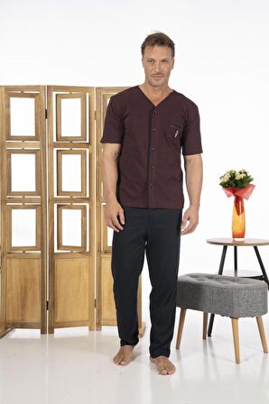Estiva Erkek Önden Düğmeli Kısa Kollu Cepli Yazlık Penye Pijama Takımı