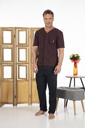 Estiva Erkek Önden Düğmeli Kısa Kollu Cepli Yazlık Penye Pijama Takımı