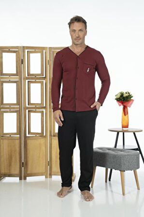 Estiva Erkek Önden Düğmeli Uzun Kollu Cepli Yazlık Penye Pijama Takımı