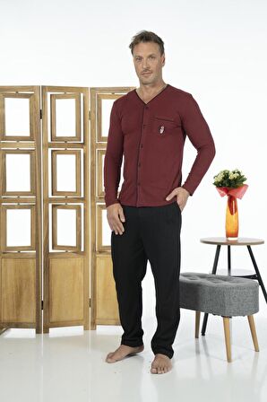 Estiva Erkek Önden Düğmeli Uzun Kollu Cepli Yazlık Penye Pijama Takımı