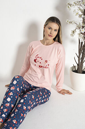 Kadın Kışlık Love Desenli Termal Pijama Takımı