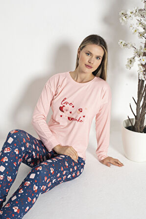 Kadın Kışlık Love Desenli Termal Pijama Takımı