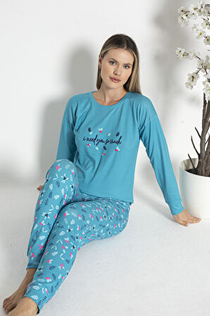 Kadın Kışlık Çiçek Desenli Termal Pijama Takımı