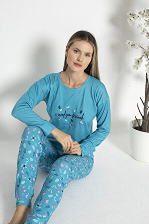 Kadın Kışlık Çiçek Desenli Termal Pijama Takımı