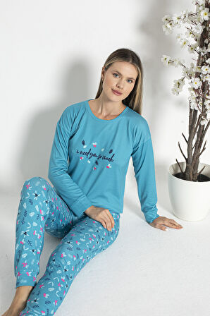 Kadın Kışlık Çiçek Desenli Termal Pijama Takımı