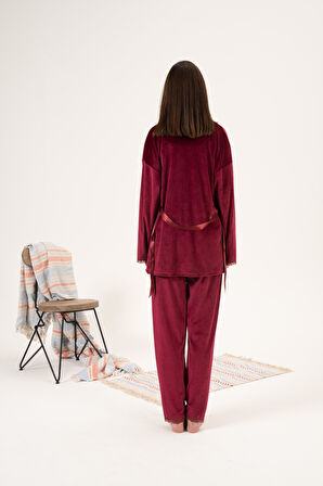 Kadın Kışlık 3 Parça Sabahlıklı Kadife Pijama Takımı