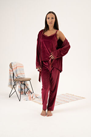 Kadın Kışlık 3 Parça Sabahlıklı Kadife Pijama Takımı