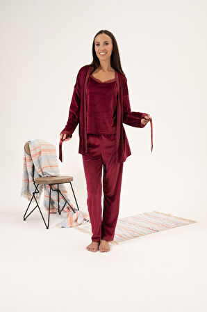 Kadın Kışlık 3 Parça Sabahlıklı Kadife Pijama Takımı