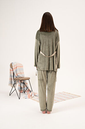 Kadın Kışlık 3 Parça Sabahlıklı Kadife Pijama Takımı