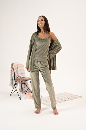 Kadın Kışlık 3 Parça Sabahlıklı Kadife Pijama Takımı