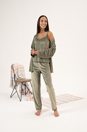 Kadın Kışlık 3 Parça Sabahlıklı Kadife Pijama Takımı