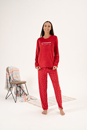 Kadın Kışlık Kalp Desenli Kadife Pijama Takımı Kırmızı