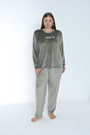 Kadın Kışlık Çizgili Kadife Battal Pijama Takımı Yeşil