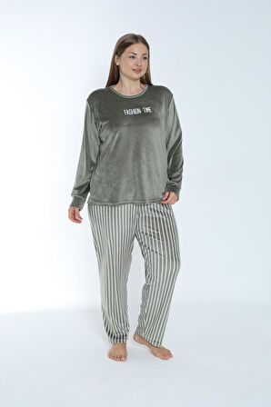 Kadın Kışlık Çizgili Kadife Battal Pijama Takımı Yeşil