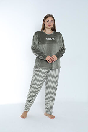 Kadın Kışlık Çizgili Kadife Battal Pijama Takımı Yeşil
