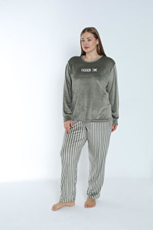 Kadın Kışlık Çizgili Kadife Battal Pijama Takımı Yeşil