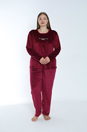 Kadın Kışlık Puantiyeli Kadife Battal Pijama Takımı Bordo