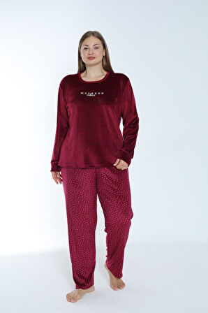 Kadın Kışlık Puantiyeli Kadife Battal Pijama Takımı Bordo