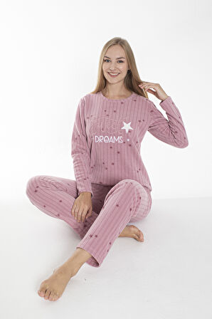 Kadın Kışlık Yıldız Desenli Fitilli Polar Pijama Takımı Pembe