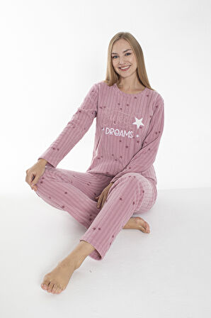 Kadın Kışlık Yıldız Desenli Fitilli Polar Pijama Takımı Pembe