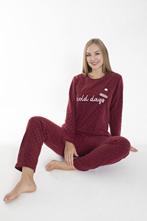 Kadın Kışlık Puantiyeli Fitilli Polar Pijama Takımı Bordo