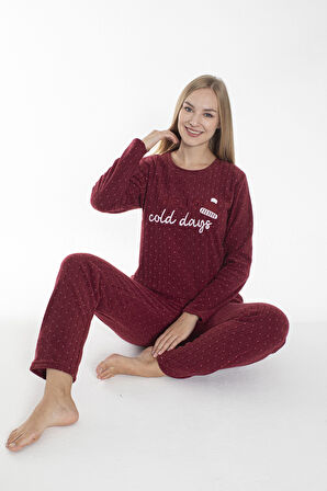 Kadın Kışlık Puantiyeli Fitilli Polar Pijama Takımı Bordo