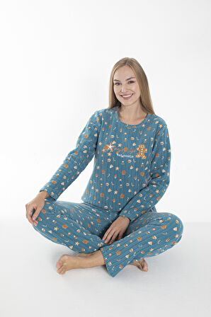 Kadın Kışlık Kurabiye Desenli Fitilli Polar Pijama Takımı Mavi