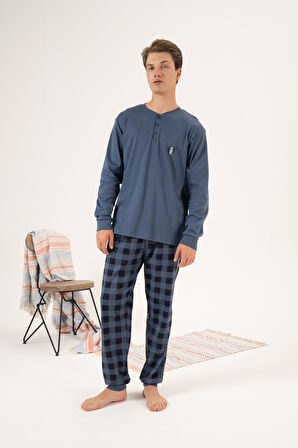 Erkek Kışlık Düğmeli Yaka Kareli Alt Süper Soft İnterlok Pijama Takımı İndigo