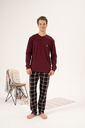 Erkek Kışlık Düğmeli Yaka Kareli Alt Süper Soft İnterlok Pijama Takımı Bordo