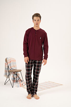 Erkek Kışlık Düğmeli Yaka Kareli Alt Süper Soft İnterlok Pijama Takımı Bordo